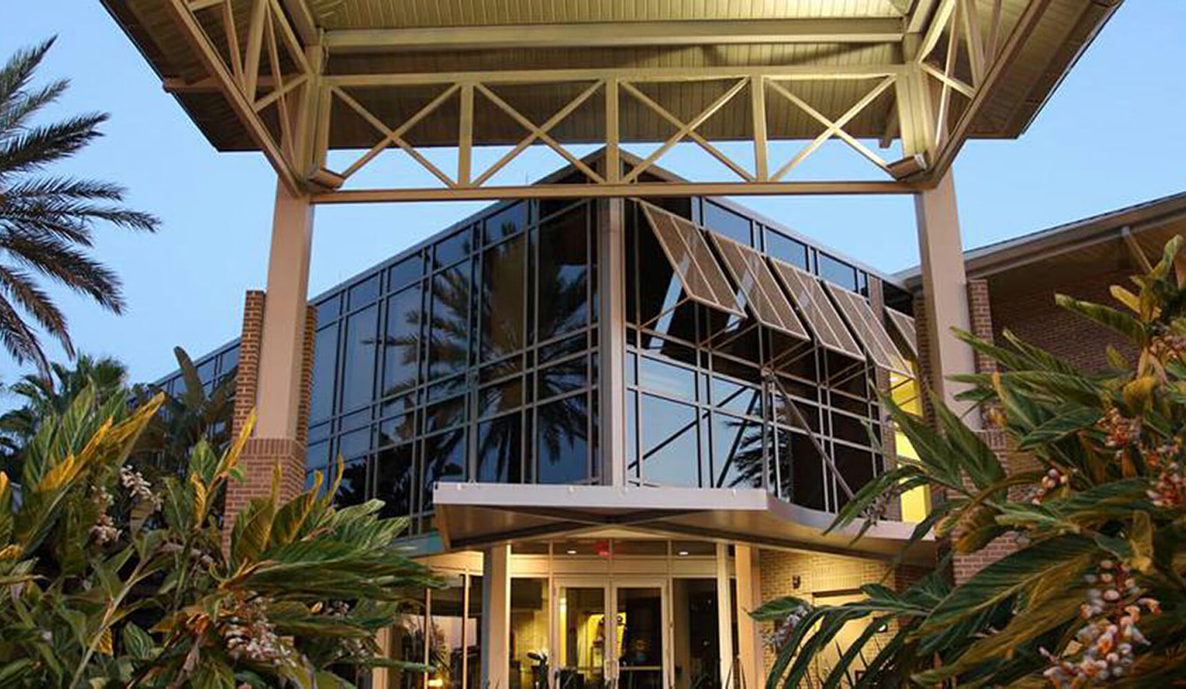 The entrance to a building with palm trees in the background.