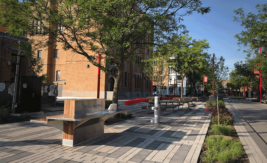 Représentation artistique d'un trottoir avec des bancs et des arbres.