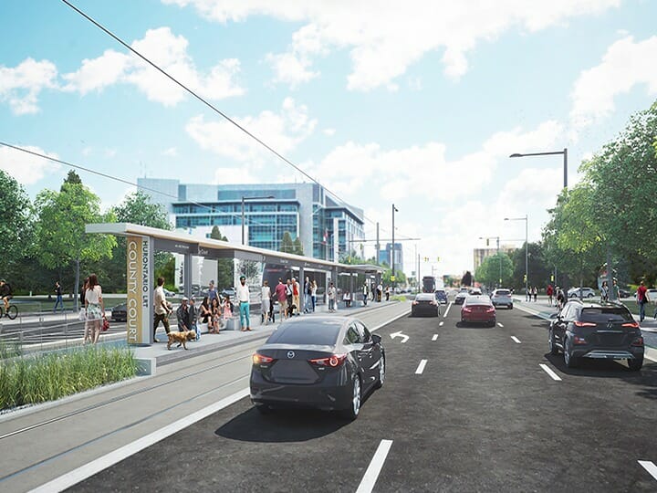 An artist's rendering of a street with cars on it.