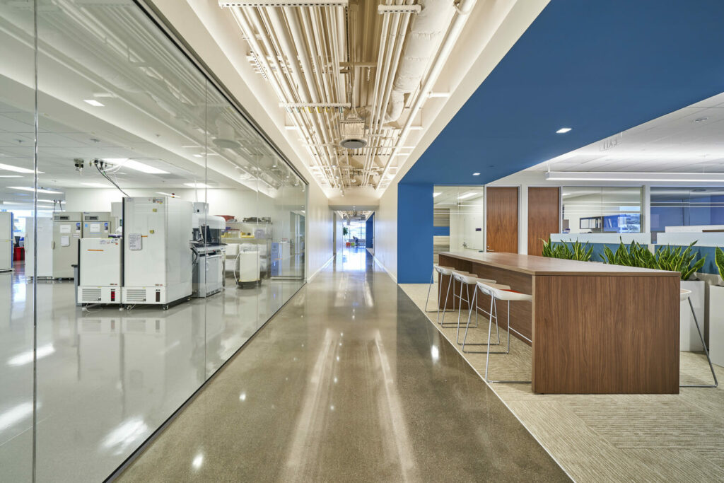 A long hallway in a technology office.