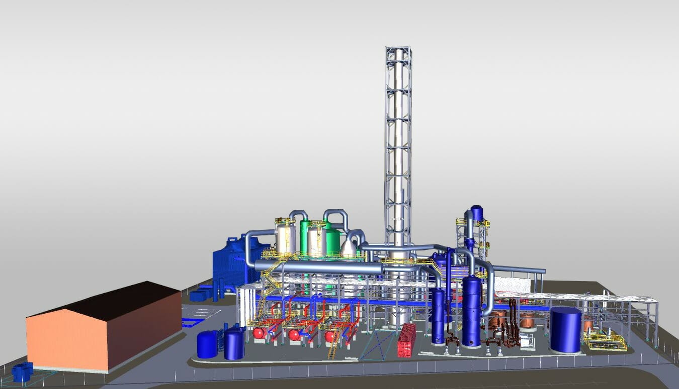 A 3D model of an oil refinery in the gas industry.