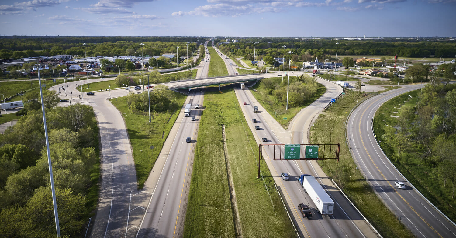 An aerial view of a highway undergoing construction.