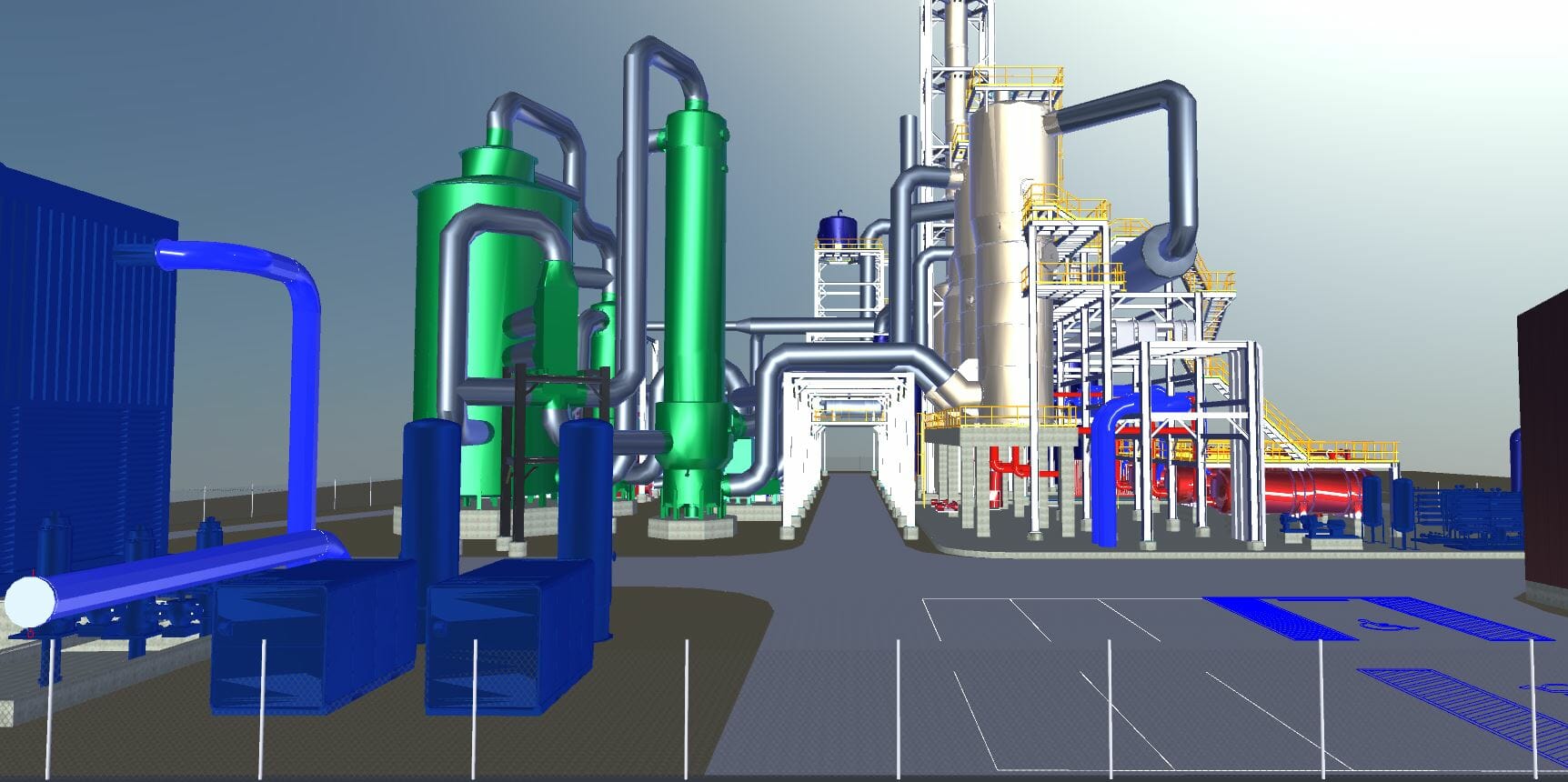 A 3d rendering of a factory with pipes and chemicals.