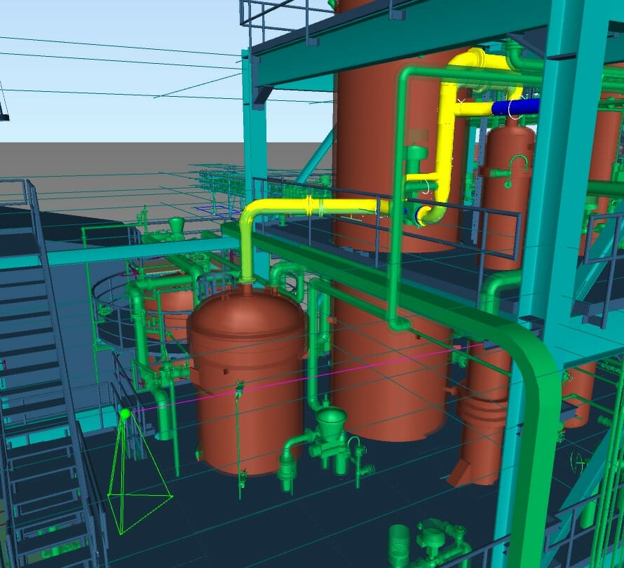 A 3D model of a plant with EXP pipes.