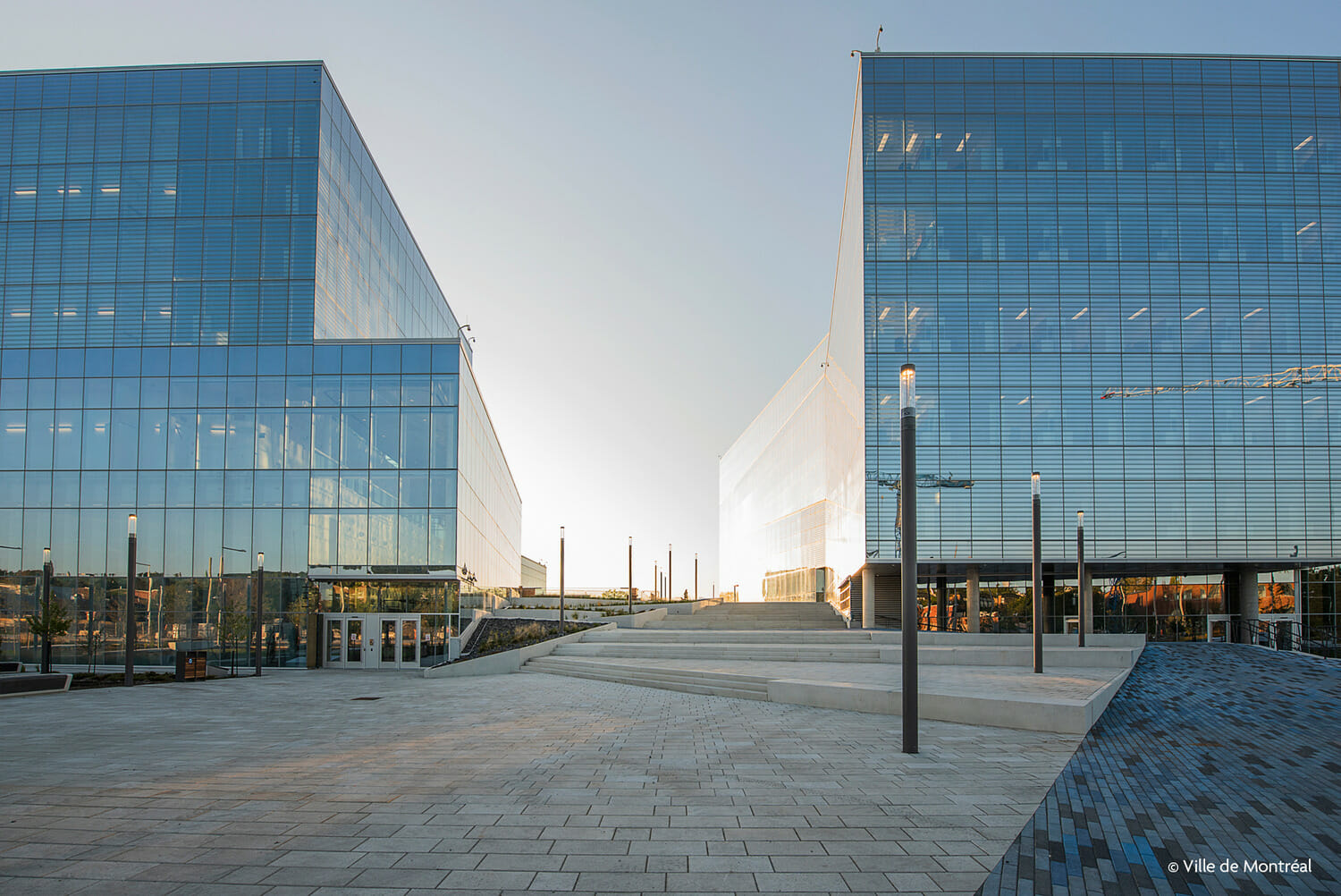 Two glass office buildings in the middle of a courtyard.