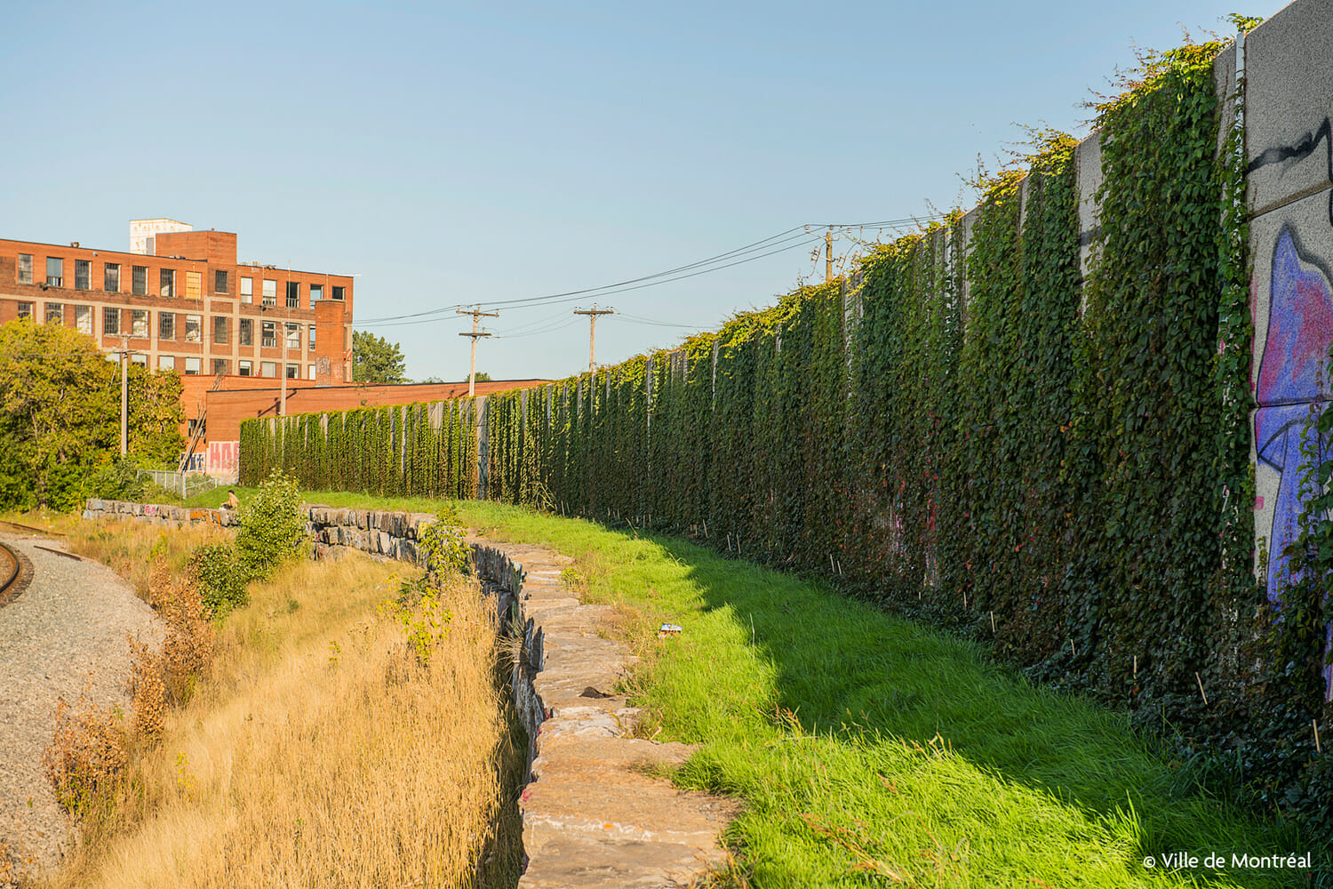 A wall covered in graffiti next to a train track.