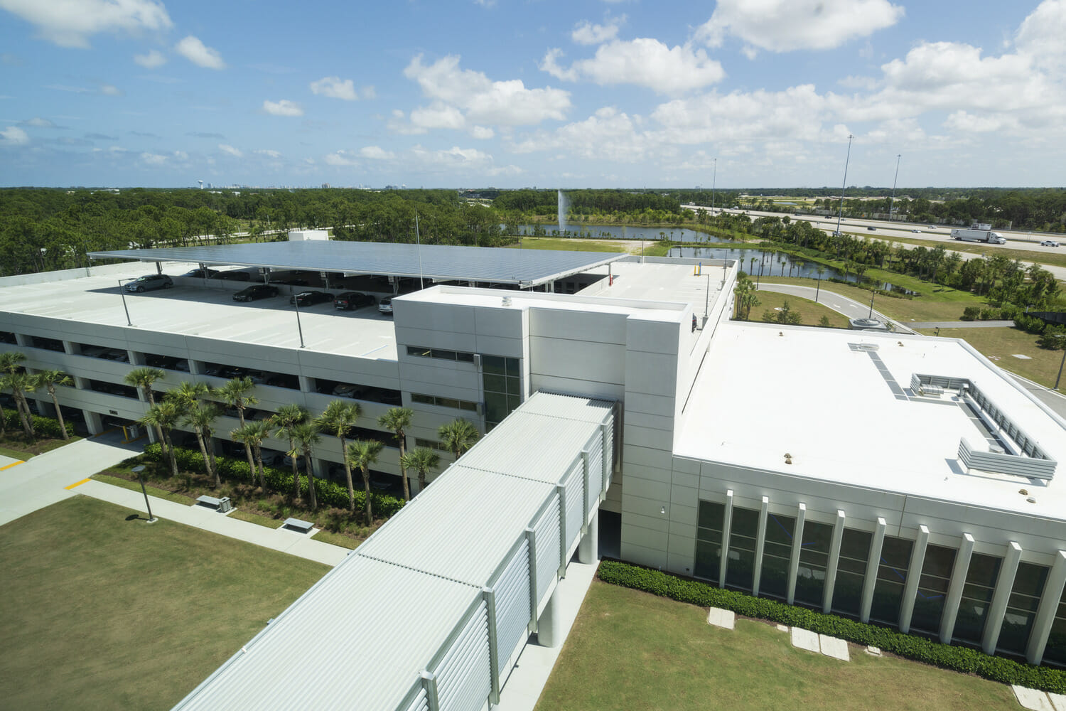 An aerial view of a building with a roof.