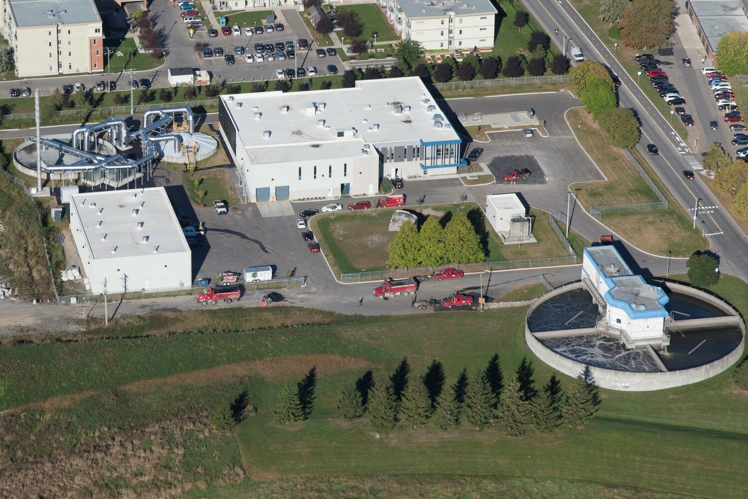 An aerial view of a water treatment plant.