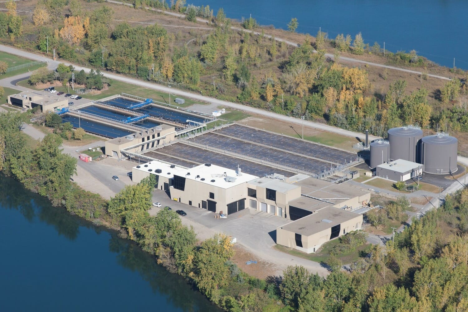 An aerial view of a water treatment plant.