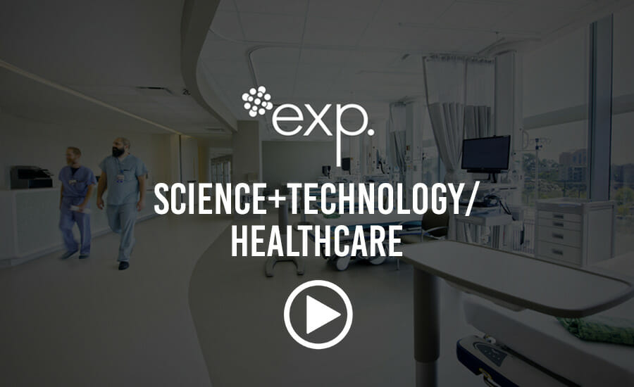 An image of a hospital room with the words exp science - technology - healthcare.