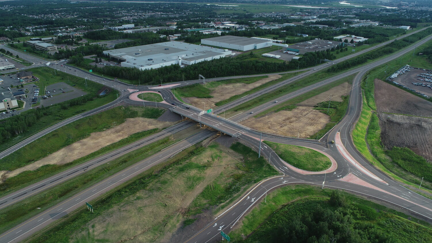 An aerial view of a highway intersection.