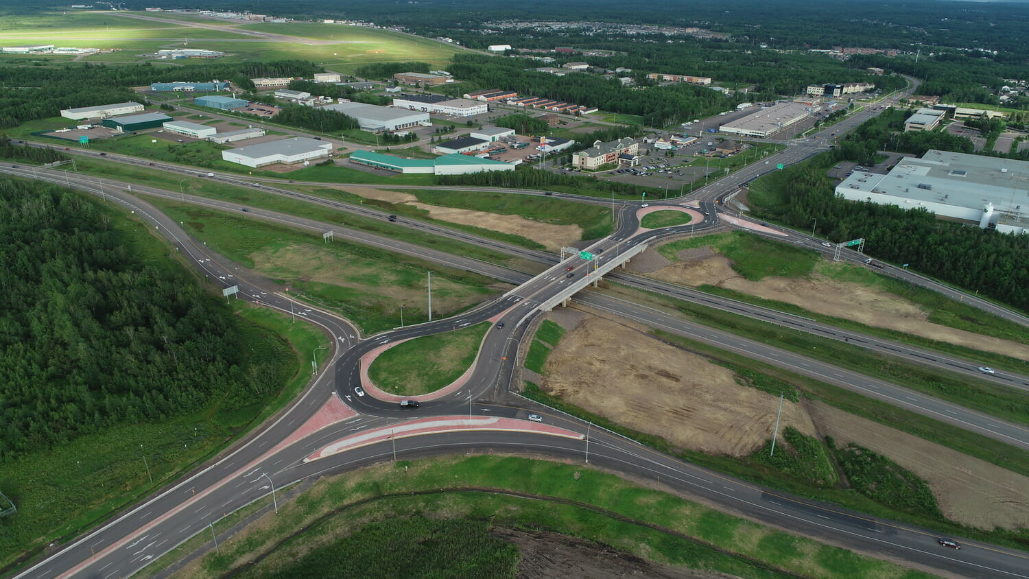 An aerial view of a highway intersection.