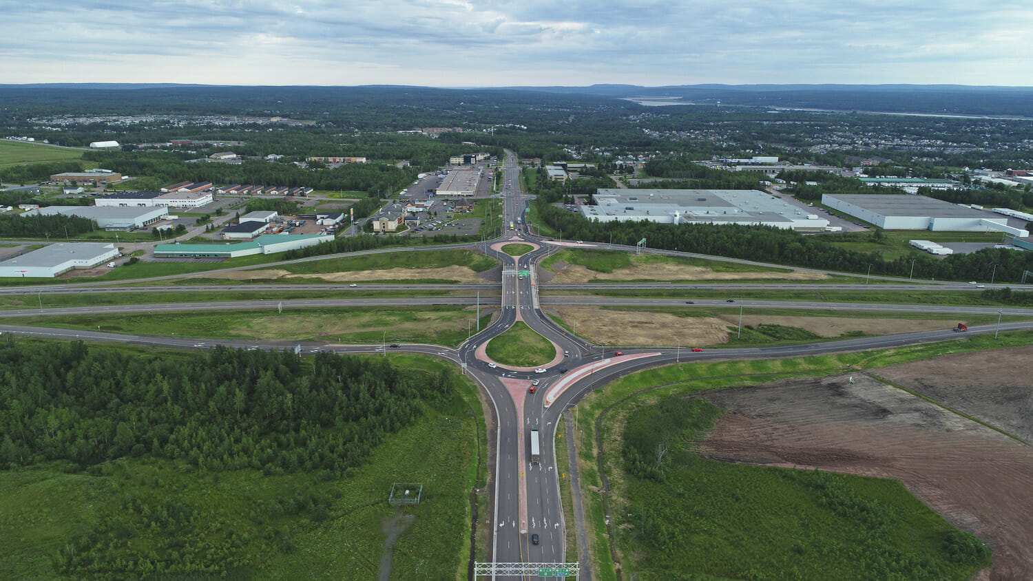 An aerial view of a highway intersection.