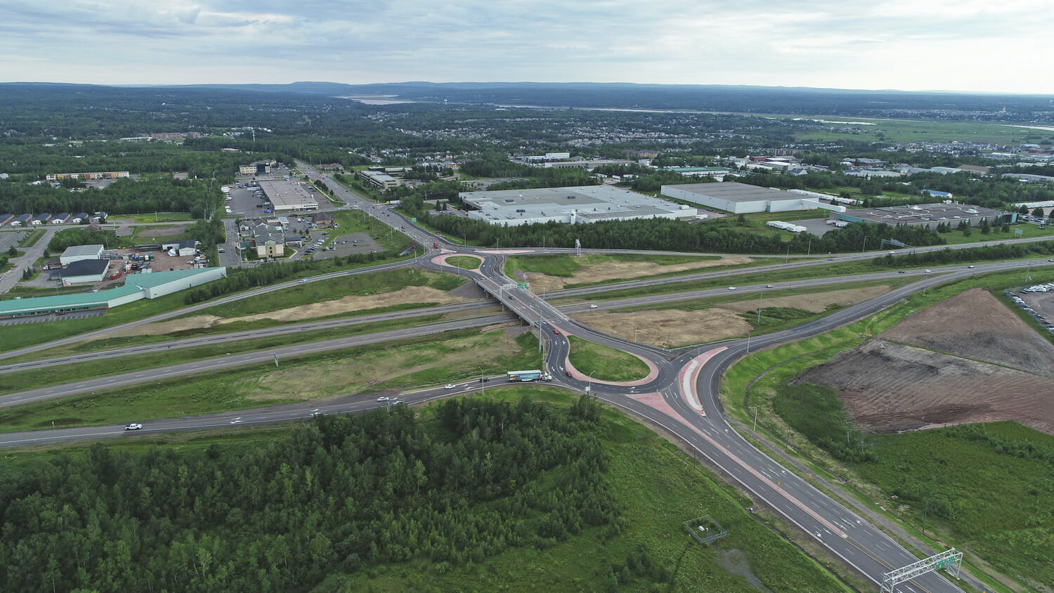 An aerial view of a highway intersection.