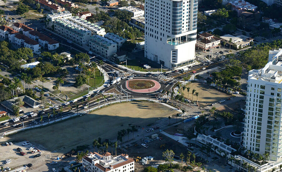 An aerial view of a city.