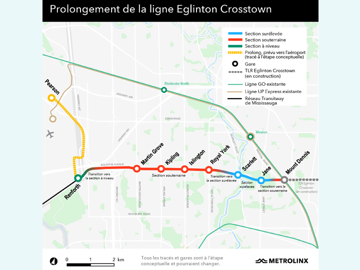 Une carte montrant le tracé du métro d'Edmonton Crosstown.