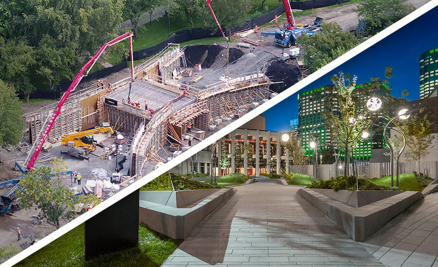 Two pictures of a construction site and a sidewalk.