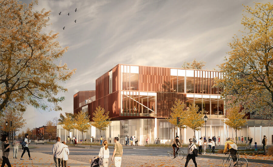 A rendering of a building with people walking in front of it.