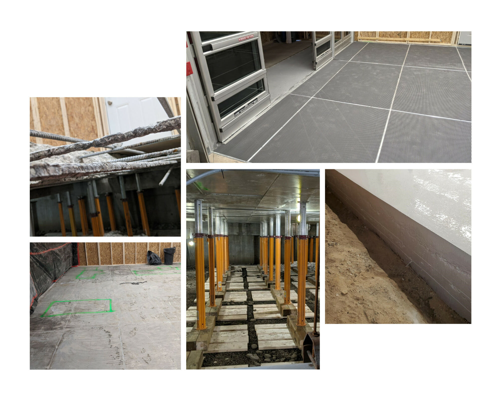 A collage of photos showing the installation of a concrete floor.