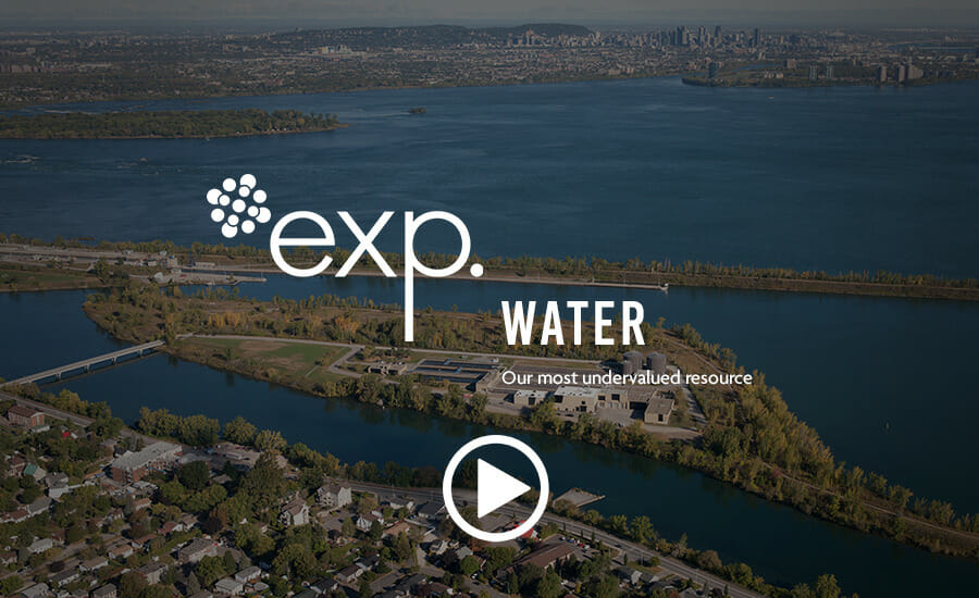 An aerial view of a city with the words exp water.