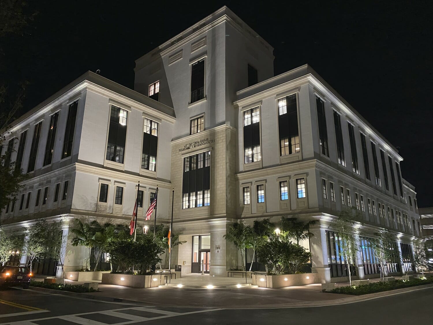 A large building lit up at night.