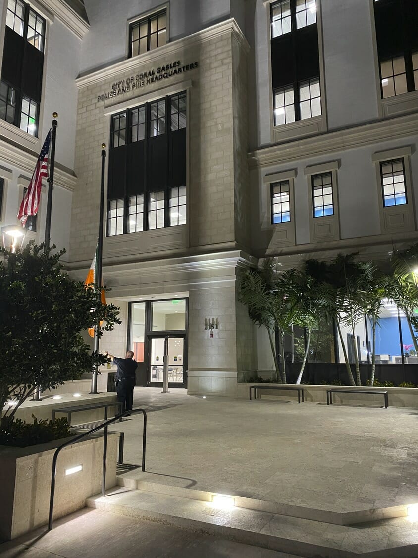 The entrance to the courthouse at night.