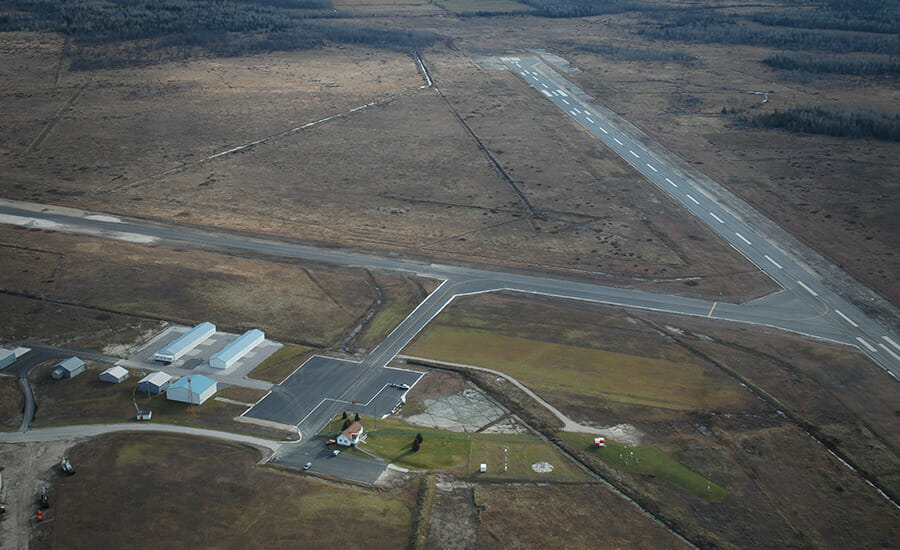 An aerial view of an airport runway.