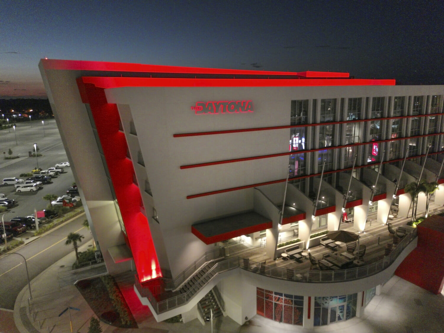 An aerial view of a building at night.