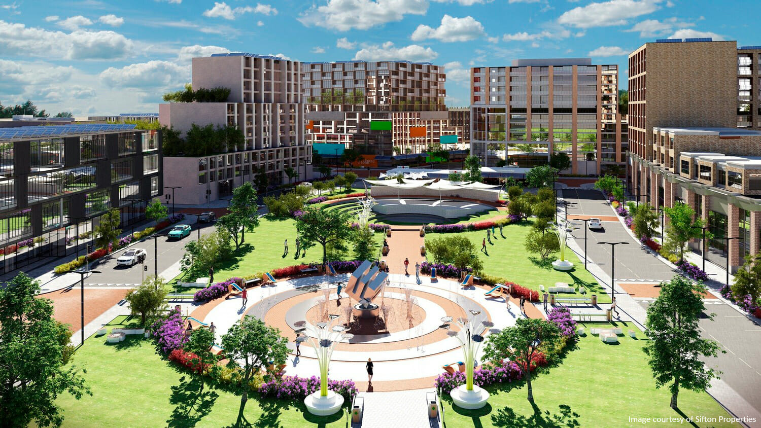 An artist's rendering of a city park.