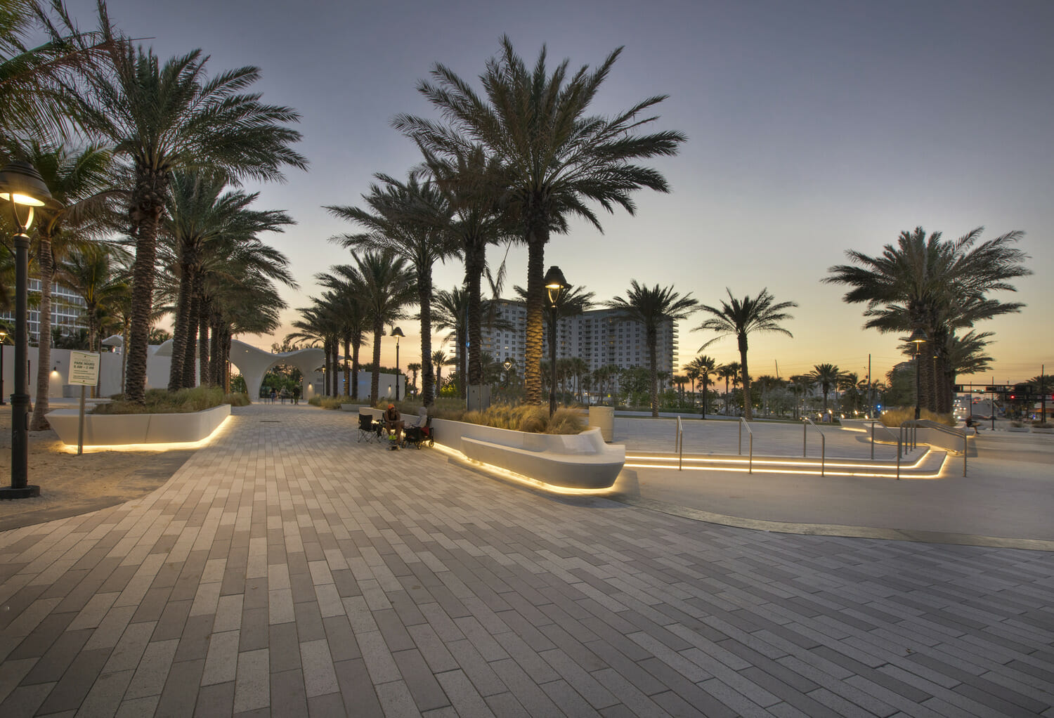 A walkway with palm trees at dusk.