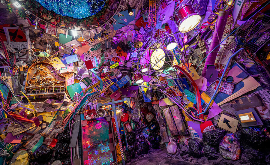 The inside of a colorful room with a lot of decorations.