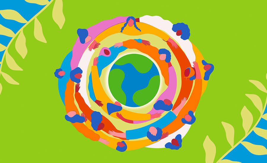 Un dessin coloré d’un globe entouré de feuilles.