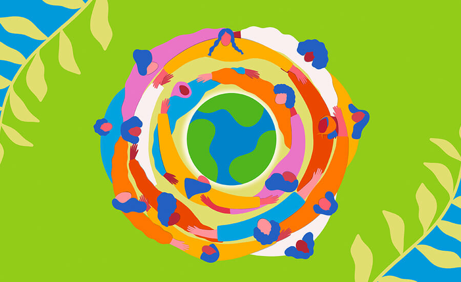 A colorful drawing of a globe with leaves around it.