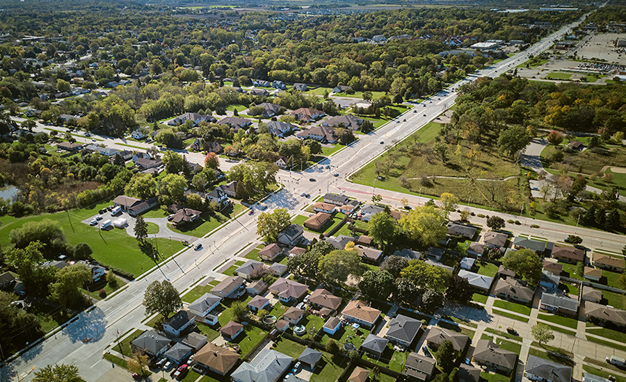 An aerial view of a residential neighborhood.