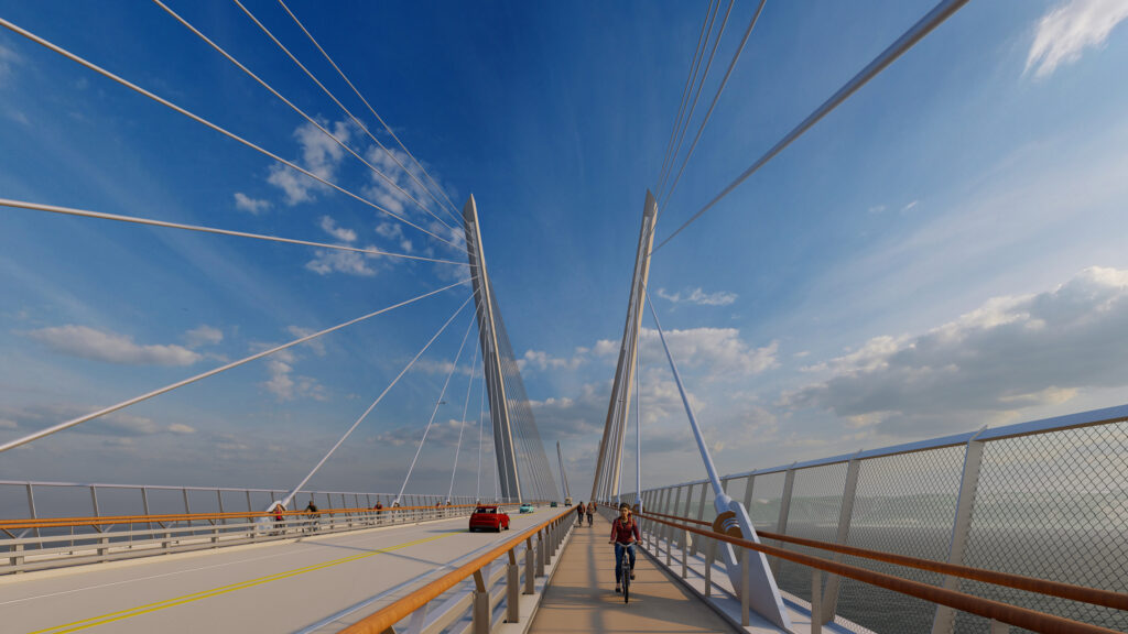 Représentation artistique d'un pont sur lequel se trouvent des personnes.