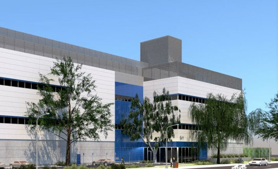 A rendering of a building with a blue and white exterior.