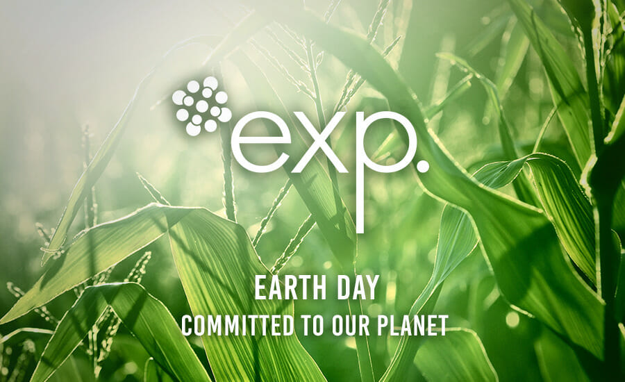 The earth day logo with the words exp committed to our planet.