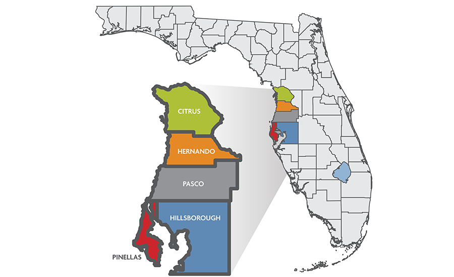 A map of florida showing the different regions.