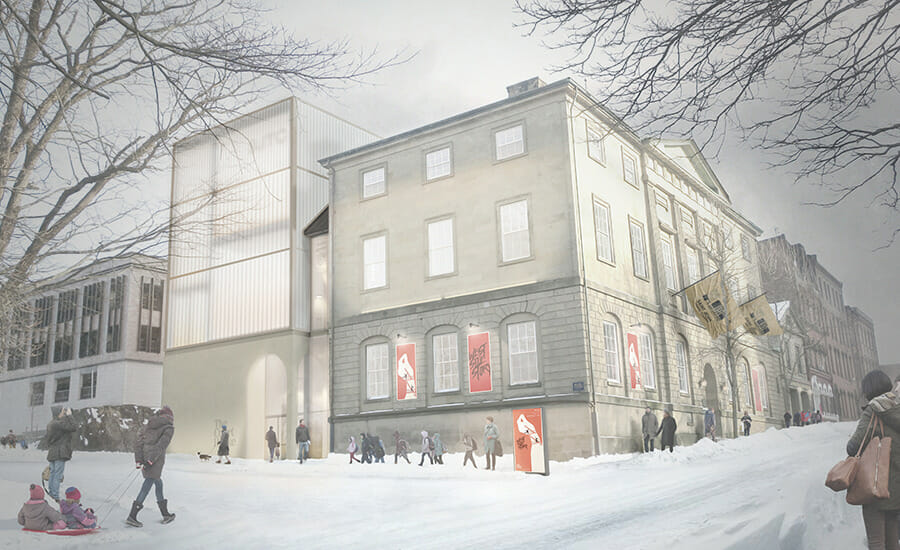 An artist's rendering of a building in the snow.