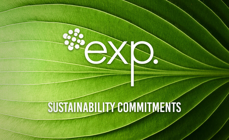 A green leaf with the words exp sustainability commitments.