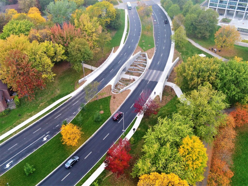 An aerial view of a bridge over a highway.