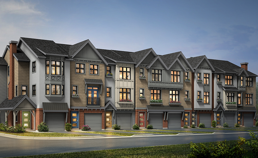 A rendering of a townhouse at dusk.