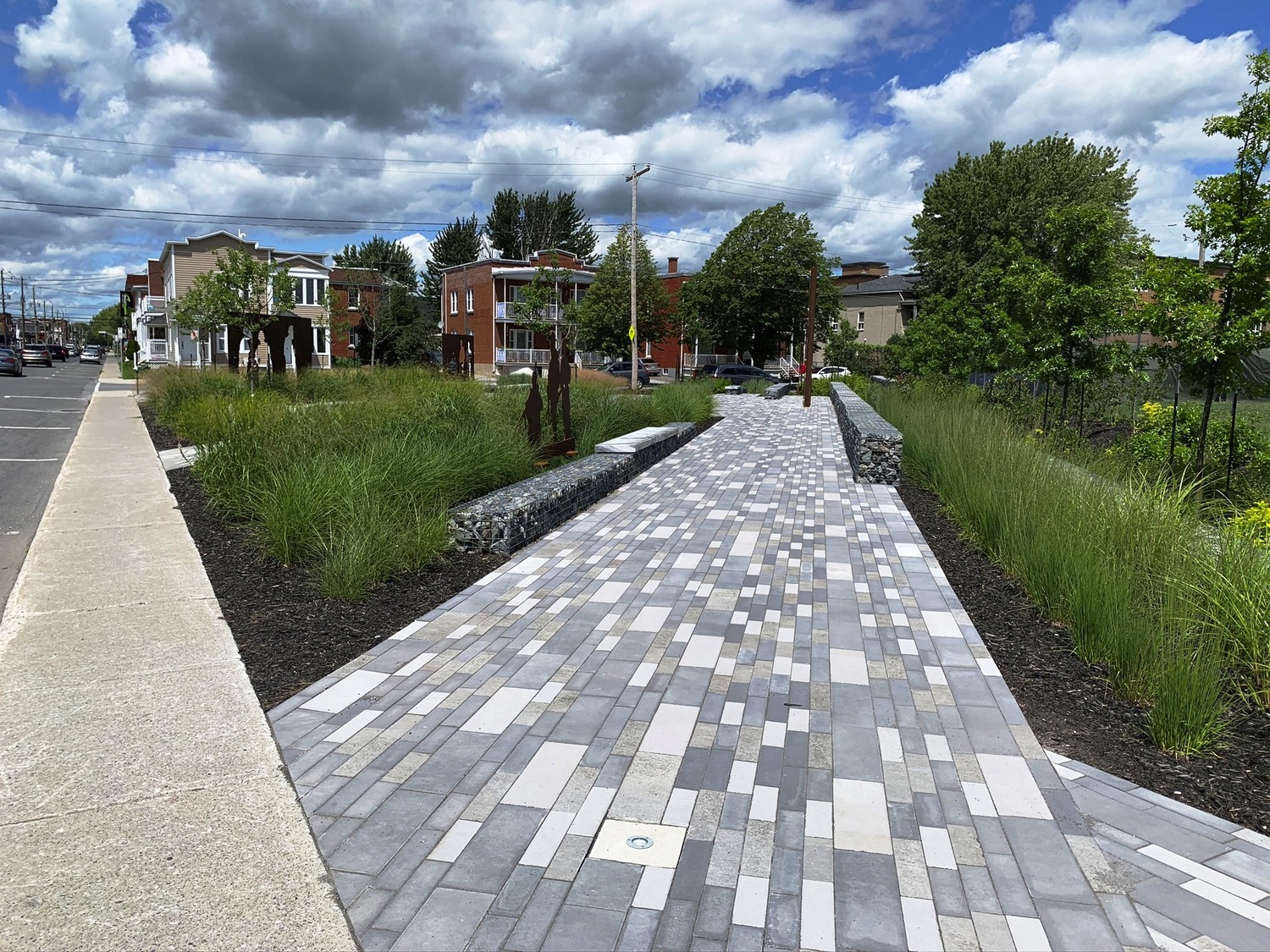 A sidewalk with grass and plants on it.