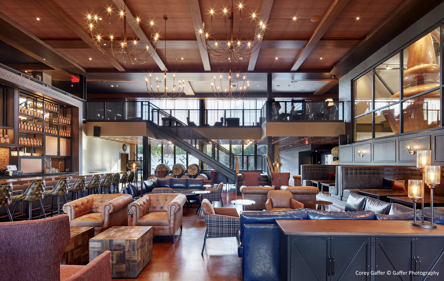 A wooden ceiling in a restaurant.