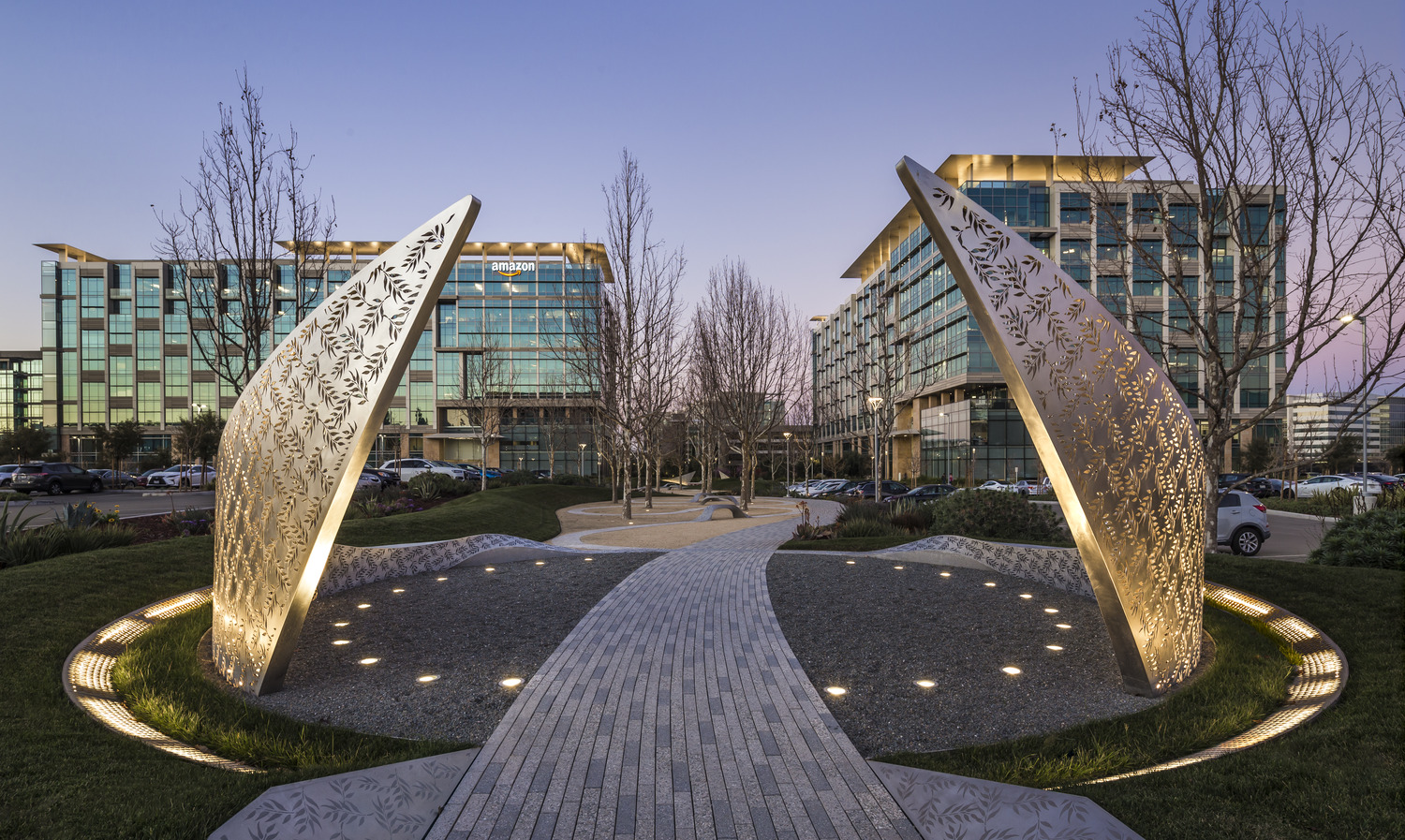 A sculpture in front of a building.