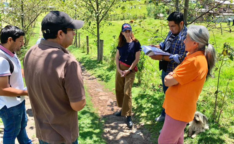 A group of people standing around a tree in a field.