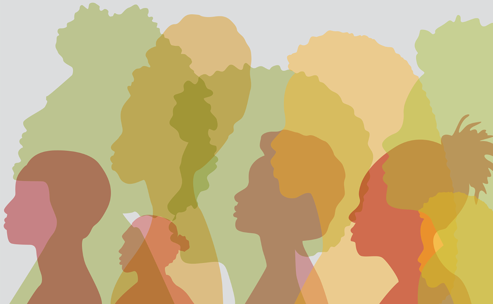 Silhouettes of a group of people with different hairstyles.