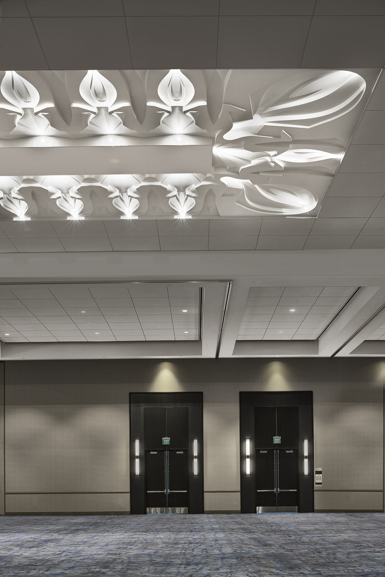 The ceiling of a large conference room.