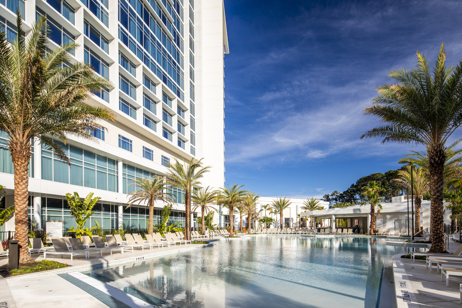 A swimming pool with lounge chairs and palm trees in front of a hotel.