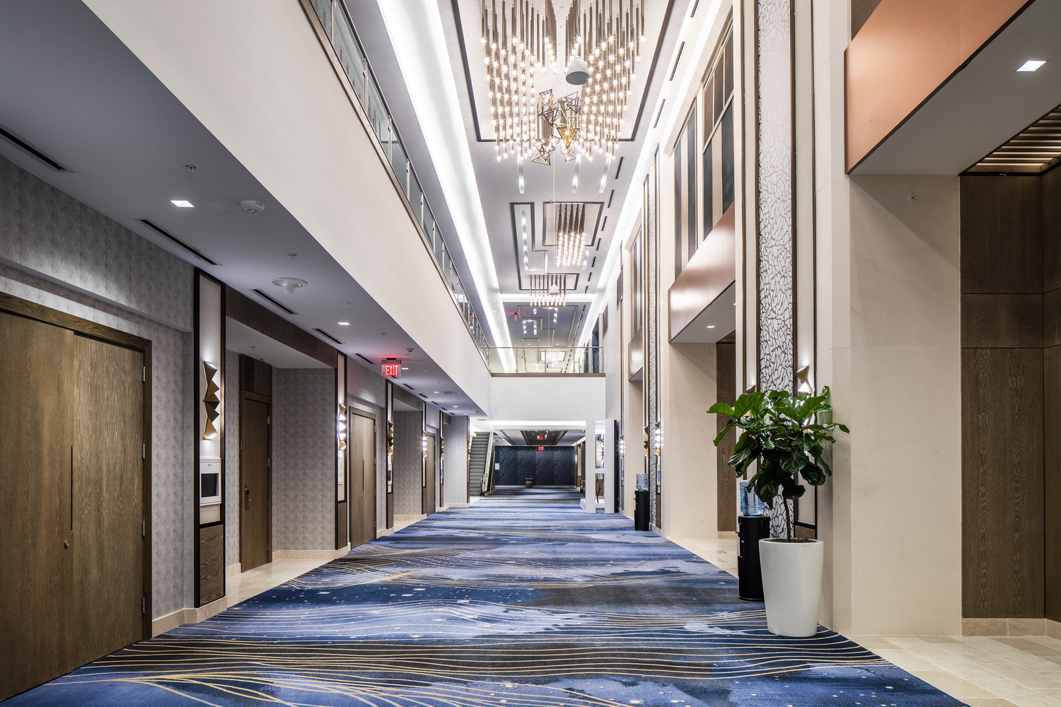 A hallway in a hotel with a blue carpet.